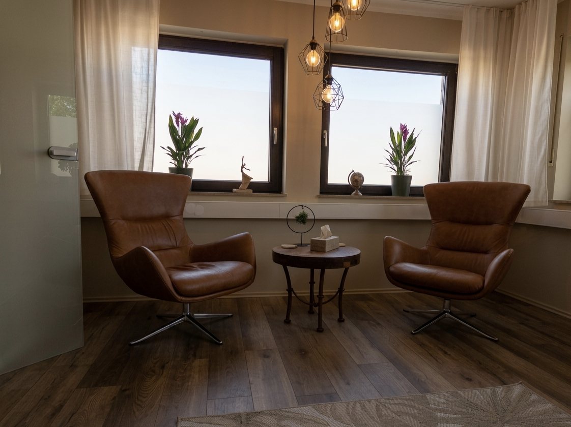 Therapieraum der Praxis Sabrina Seitz in Mönchengladbach mit zwei Ledersesseln