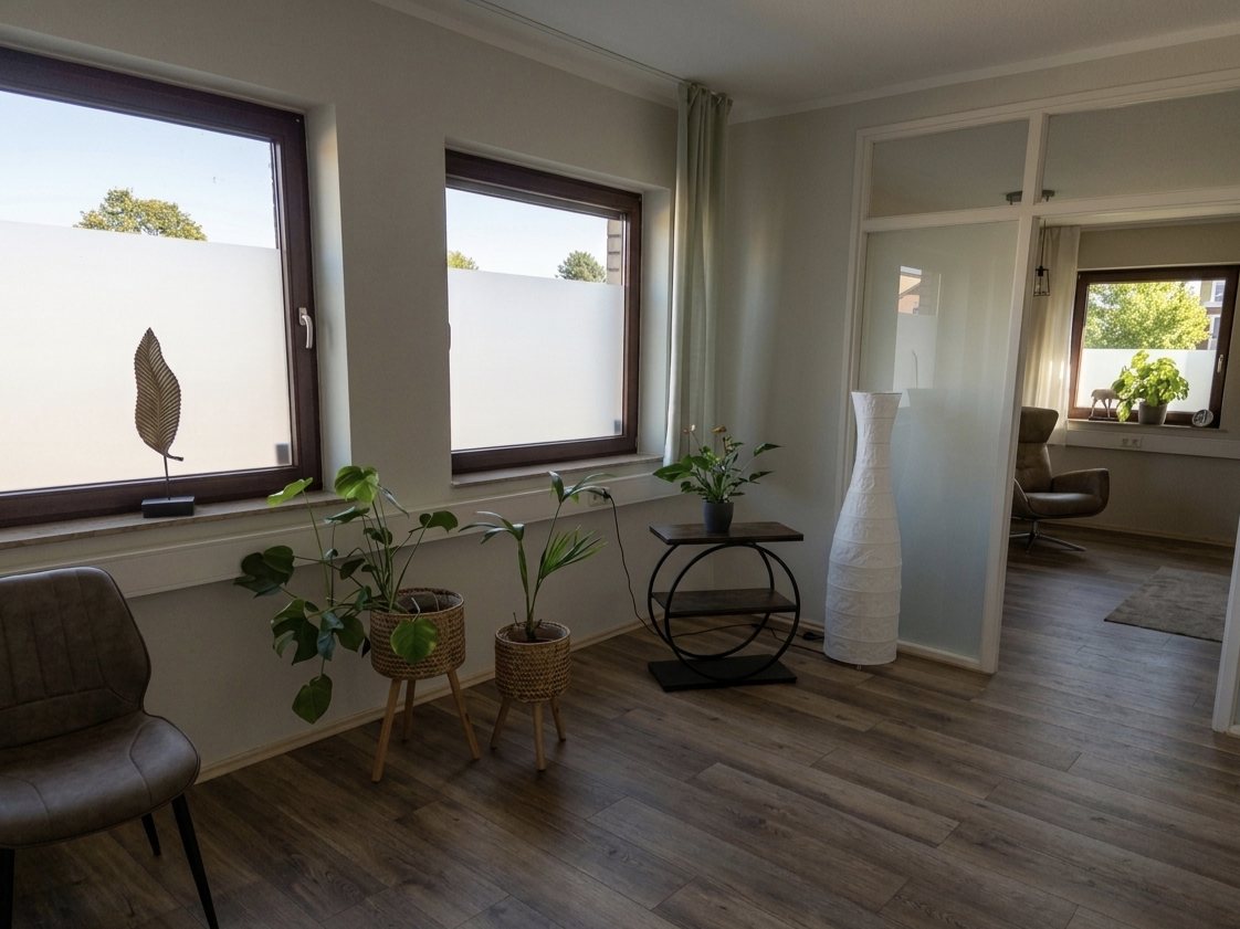 Heller Wartebereich der Praxis mit Blick in den Therapieraum